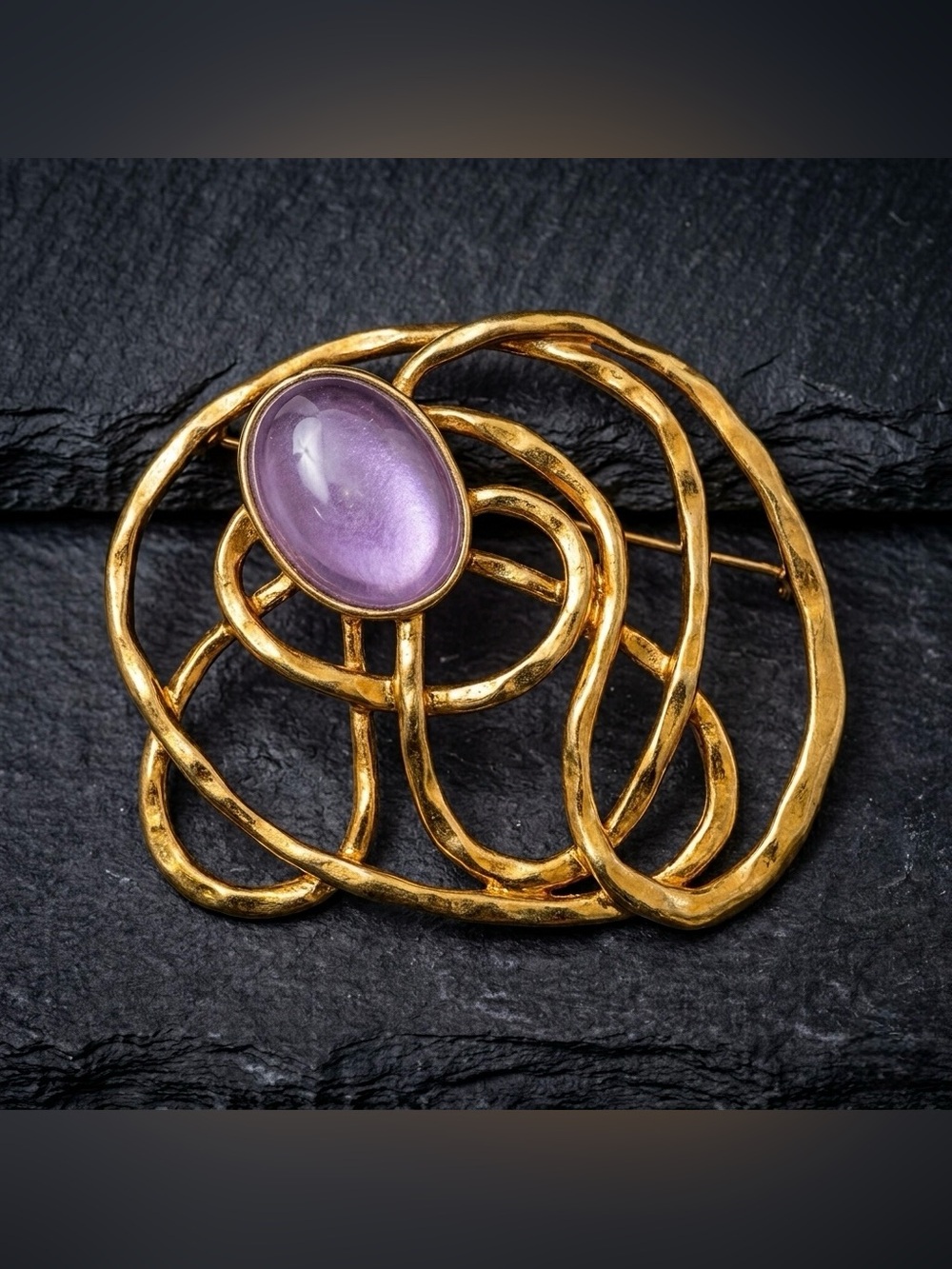 Vintage 90s Avon Golden Web Purple Lucite Modernist Swirl Gold Tone Brooch